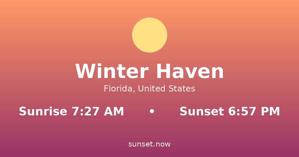 Sunrise & sunset times in Winter Haven, Florida — sunrise 7:27 AM, sunset 6:57 PM