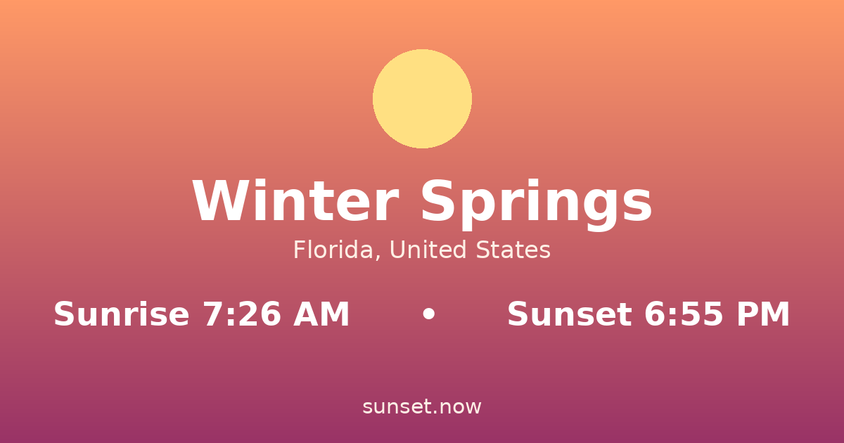 Sunrise & sunset times in Winter Springs, Florida — sunrise 7:26 AM, sunset 6:55 PM