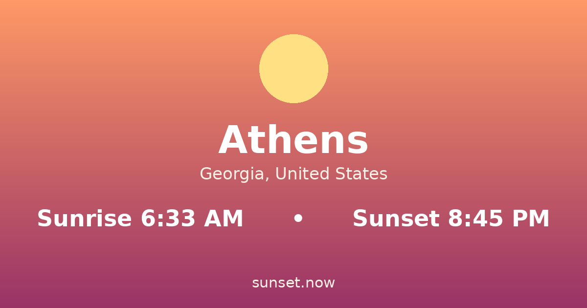 Sunrise & sunset times in Athens, Georgia — sunrise 6:33 AM, sunset 8:45 PM
