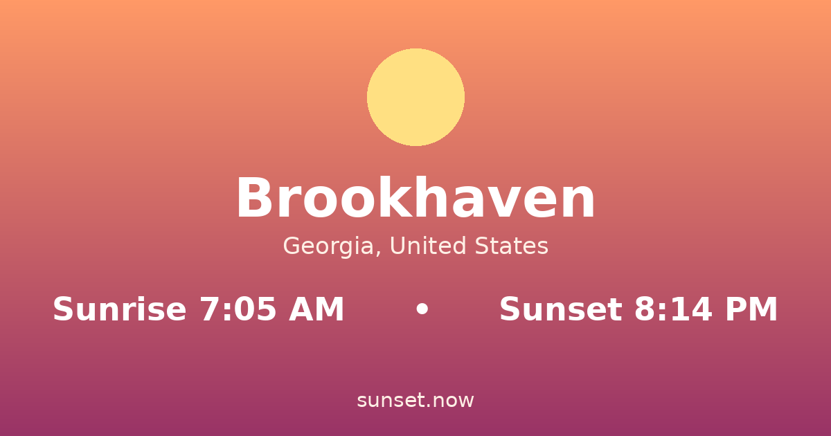 Sunrise & sunset times in Brookhaven, Georgia — sunrise 7:05 AM, sunset 8:14 PM