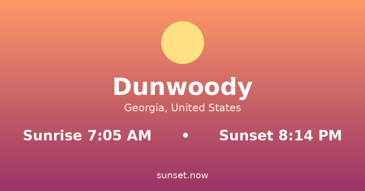 Sunrise & sunset times in Dunwoody, Georgia — sunrise 7:05 AM, sunset 8:14 PM