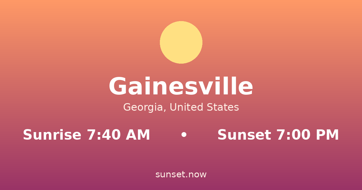 Sunrise & sunset times in Gainesville, Georgia — sunrise 7:40 AM, sunset 7:00 PM