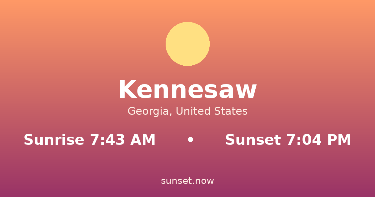 Sunrise & sunset times in Kennesaw, Georgia — sunrise 7:43 AM, sunset 7:04 PM