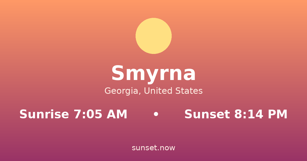 Sunrise & sunset times in Smyrna, Georgia — sunrise 7:05 AM, sunset 8:14 PM