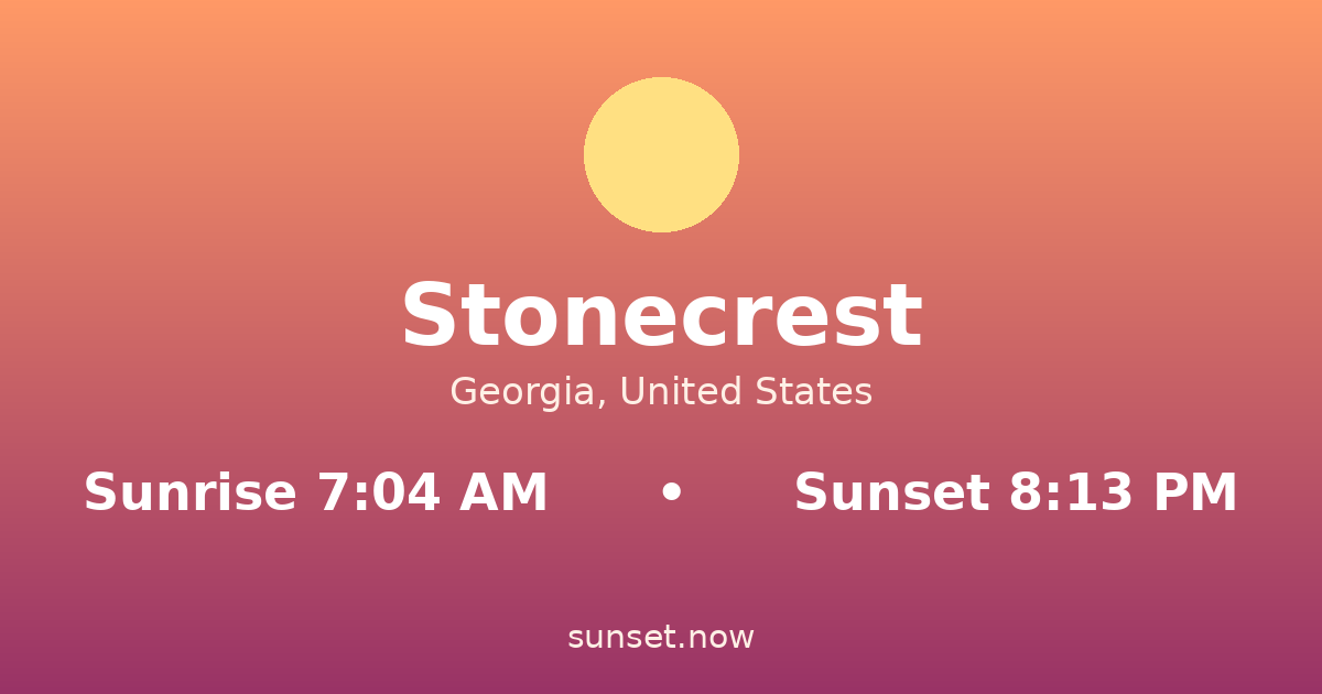 Sunrise & sunset times in Stonecrest, Georgia — sunrise 7:04 AM, sunset 8:13 PM