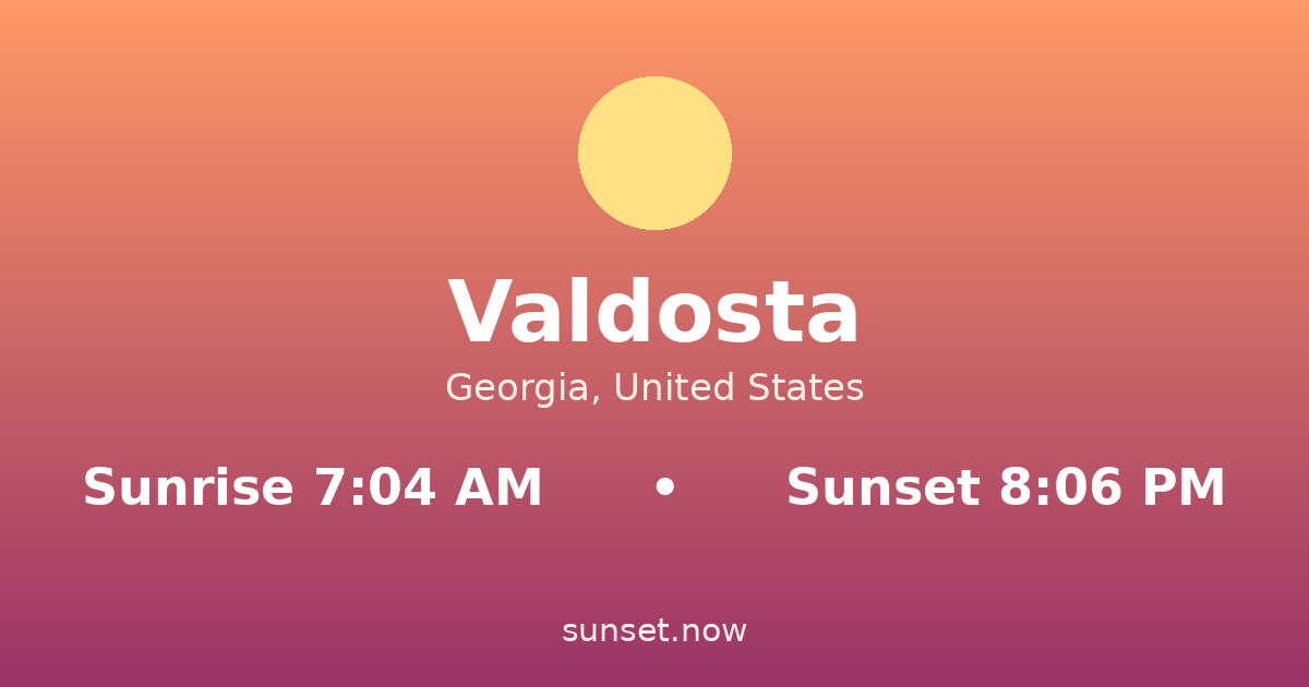 Sunrise & sunset times in Valdosta, Georgia — sunrise 7:04 AM, sunset 8:06 PM