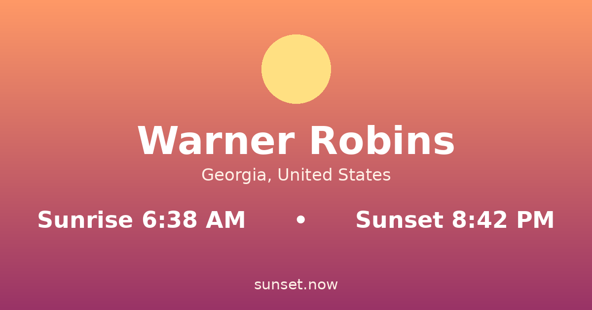 Sunrise & sunset times in Warner Robins, Georgia — sunrise 6:38 AM, sunset 8:42 PM