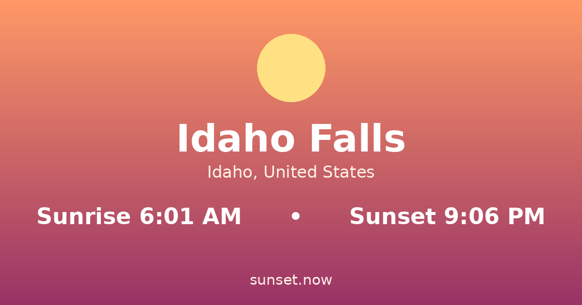 Sunrise & sunset times in Idaho Falls, Idaho — sunrise 6:01 AM, sunset 9:06 PM