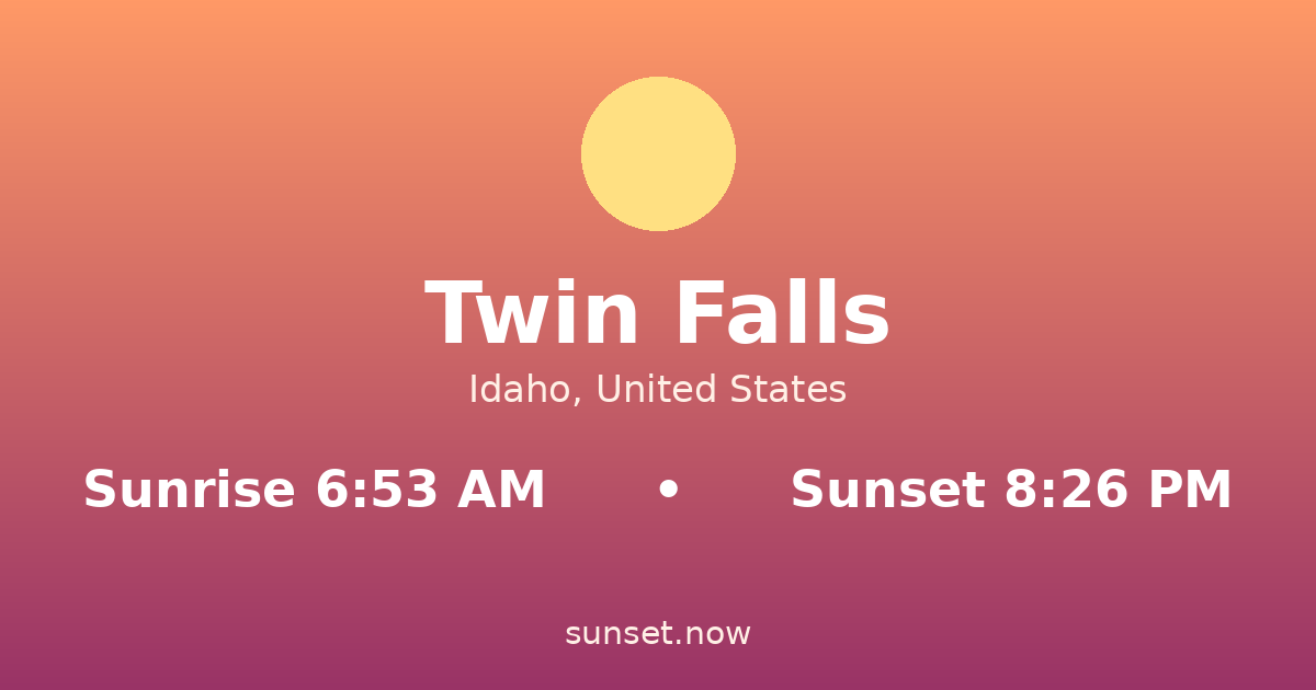 Sunrise & sunset times in Twin Falls, Idaho — sunrise 6:53 AM, sunset 8:26 PM