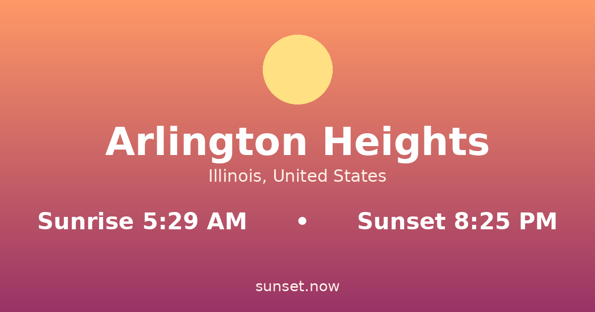 Sunrise & sunset times in Arlington Heights, Illinois — sunrise 5:29 AM, sunset 8:25 PM
