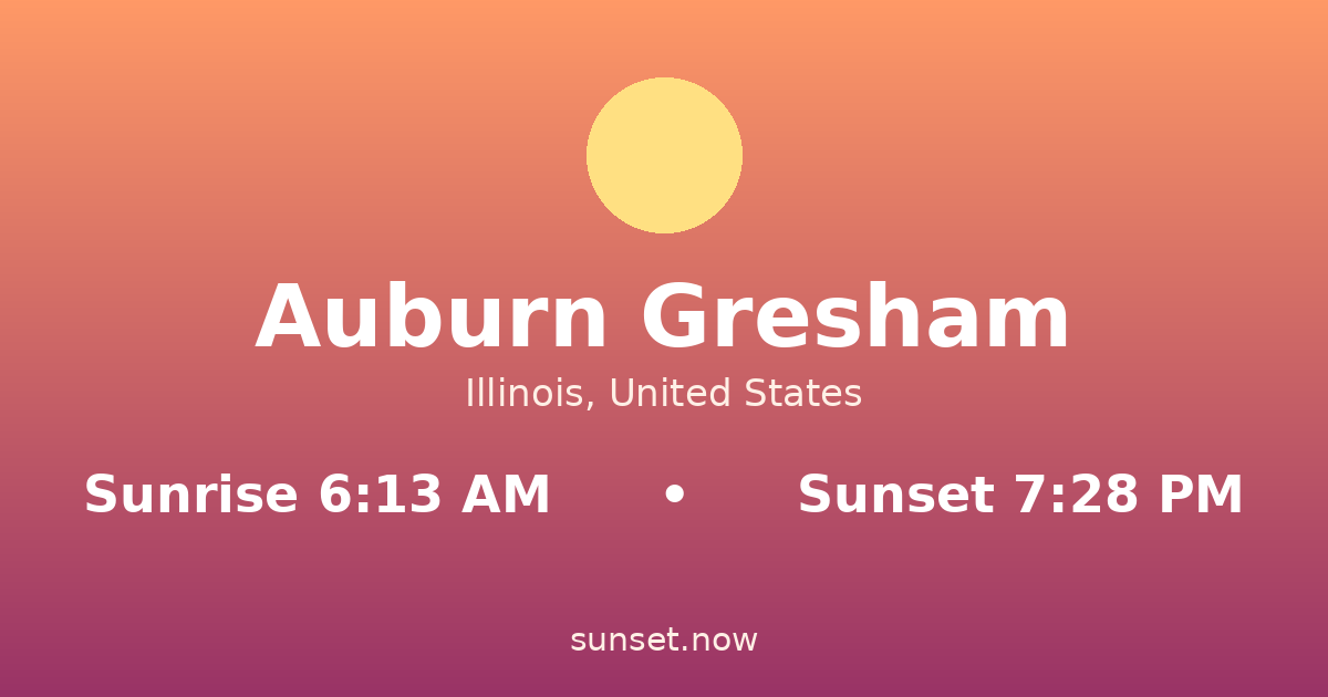 Sunrise & sunset times in Auburn Gresham, Illinois — sunrise 6:13 AM, sunset 7:28 PM