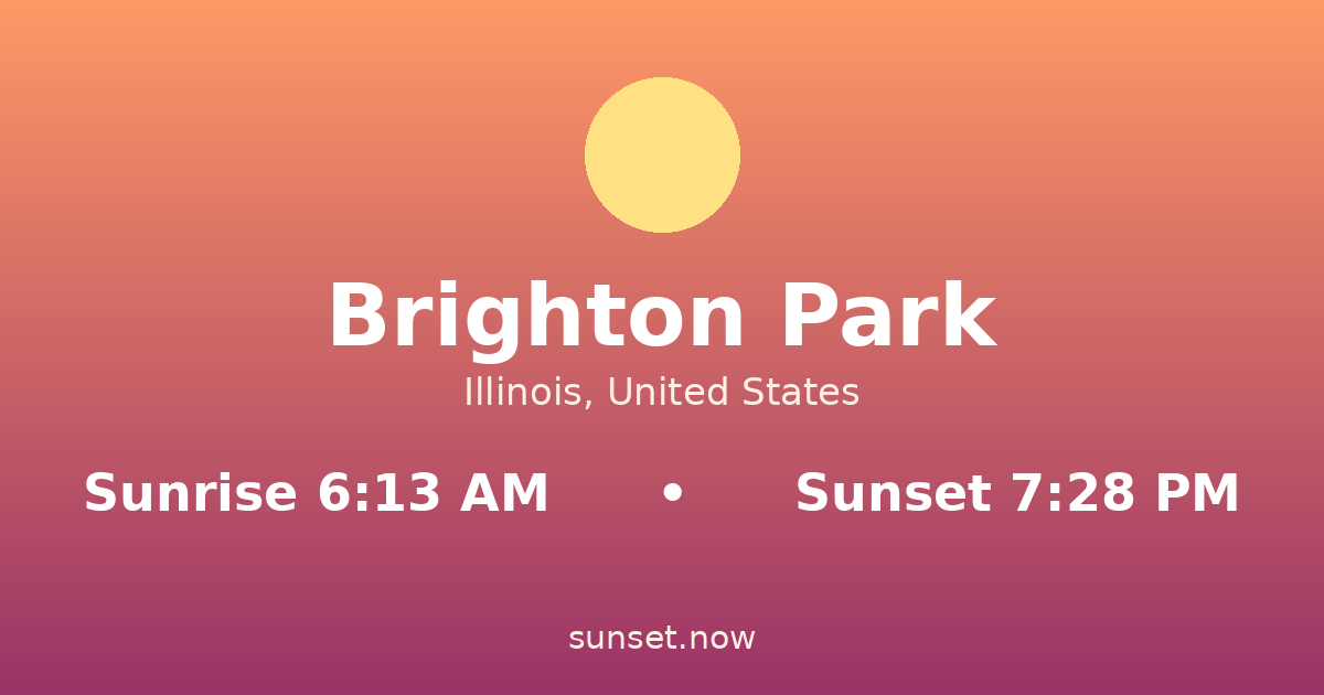 Sunrise & sunset times in Brighton Park, Illinois — sunrise 6:13 AM, sunset 7:28 PM