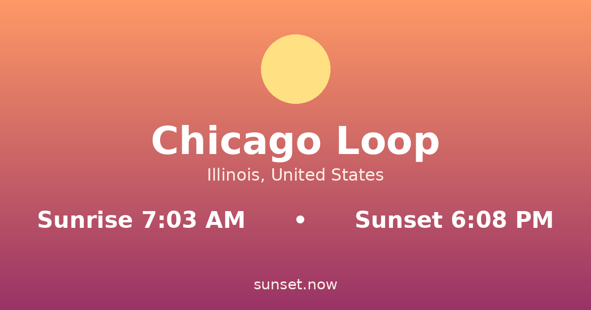 Sunrise & sunset times in Chicago Loop, Illinois — sunrise 7:03 AM, sunset 6:08 PM