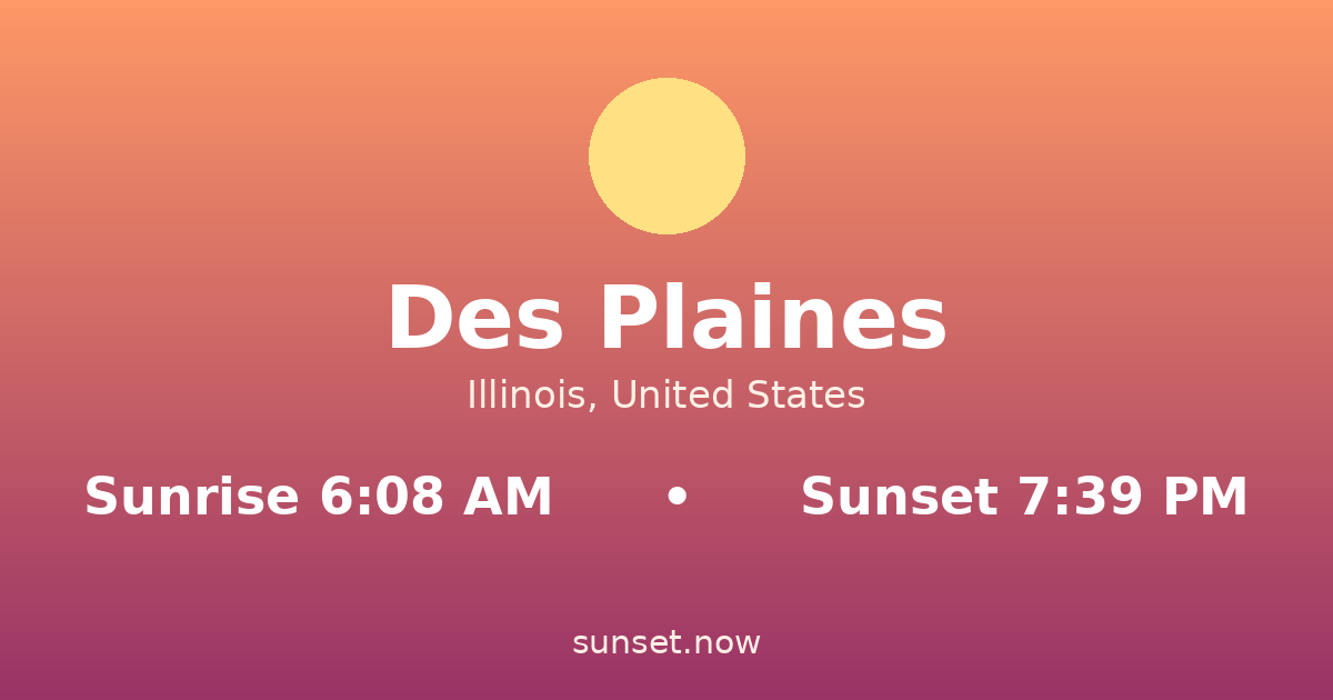 Sunrise & sunset times in Des Plaines, Illinois — sunrise 6:08 AM, sunset 7:39 PM