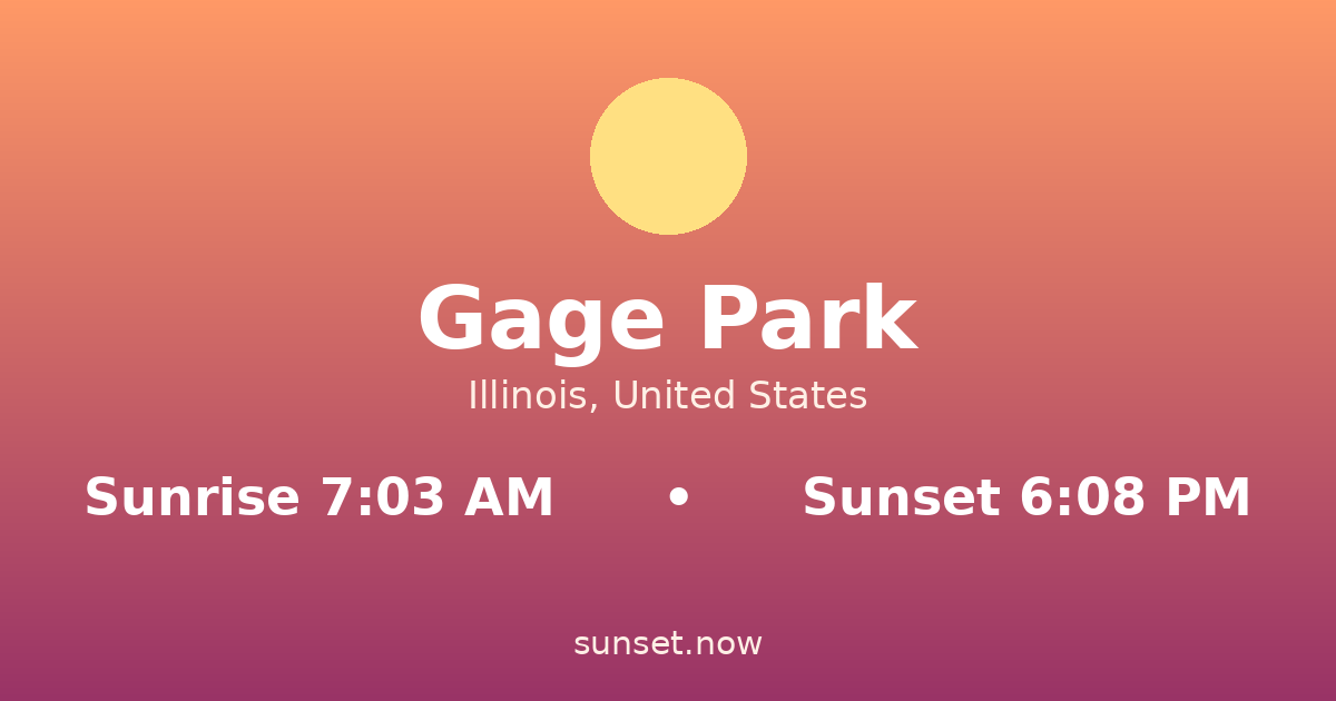 Sunrise & sunset times in Gage Park, Illinois — sunrise 7:03 AM, sunset 6:08 PM