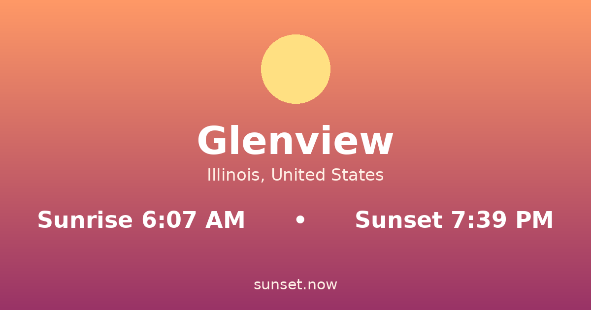 Sunrise & sunset times in Glenview, Illinois — sunrise 6:07 AM, sunset 7:39 PM