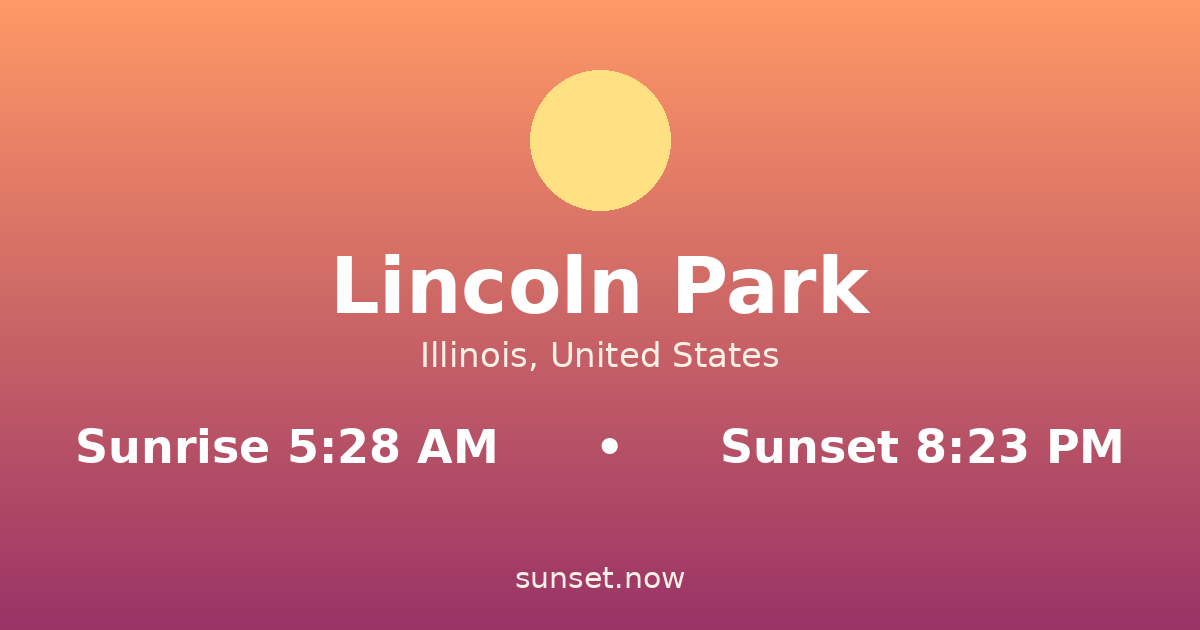 Sunrise & sunset times in Lincoln Park, Illinois — sunrise 5:28 AM, sunset 8:23 PM