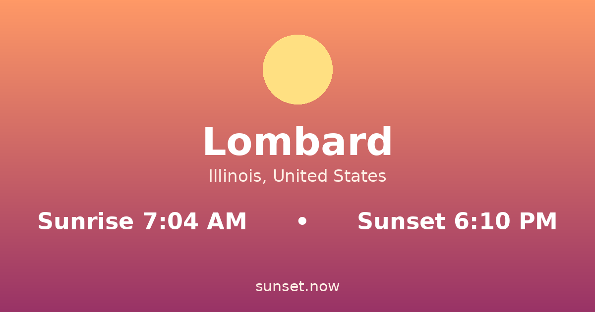 Sunrise & sunset times in Lombard, Illinois — sunrise 7:04 AM, sunset 6:10 PM