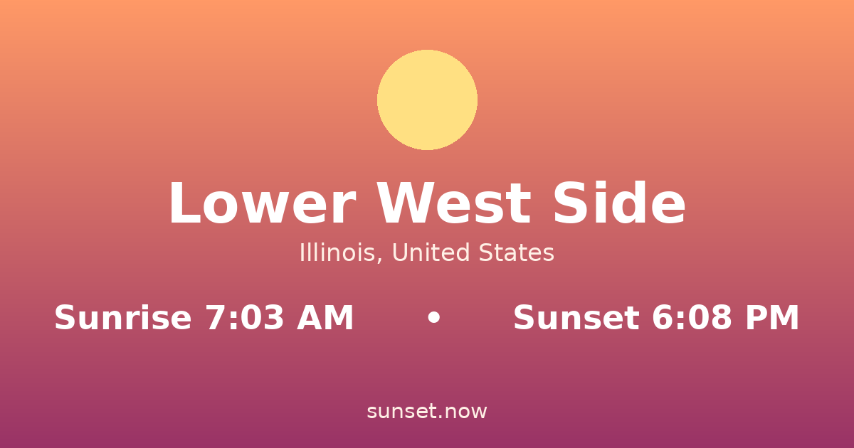 Sunrise & sunset times in Lower West Side, Illinois — sunrise 7:03 AM, sunset 6:08 PM
