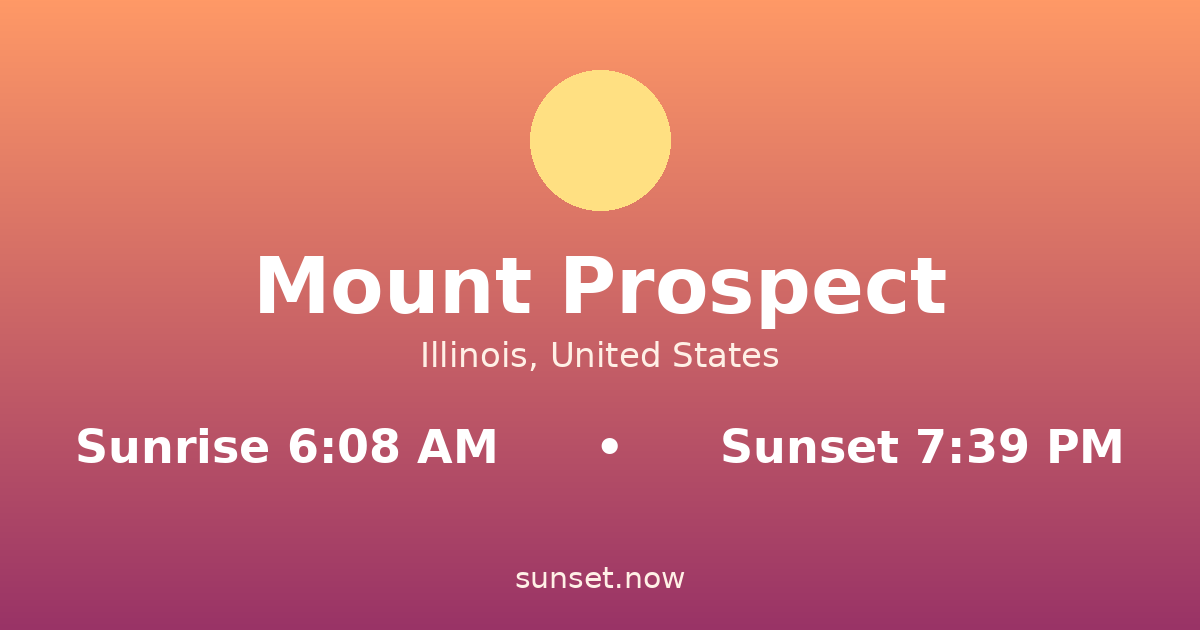 Sunrise & sunset times in Mount Prospect, Illinois — sunrise 6:08 AM, sunset 7:39 PM