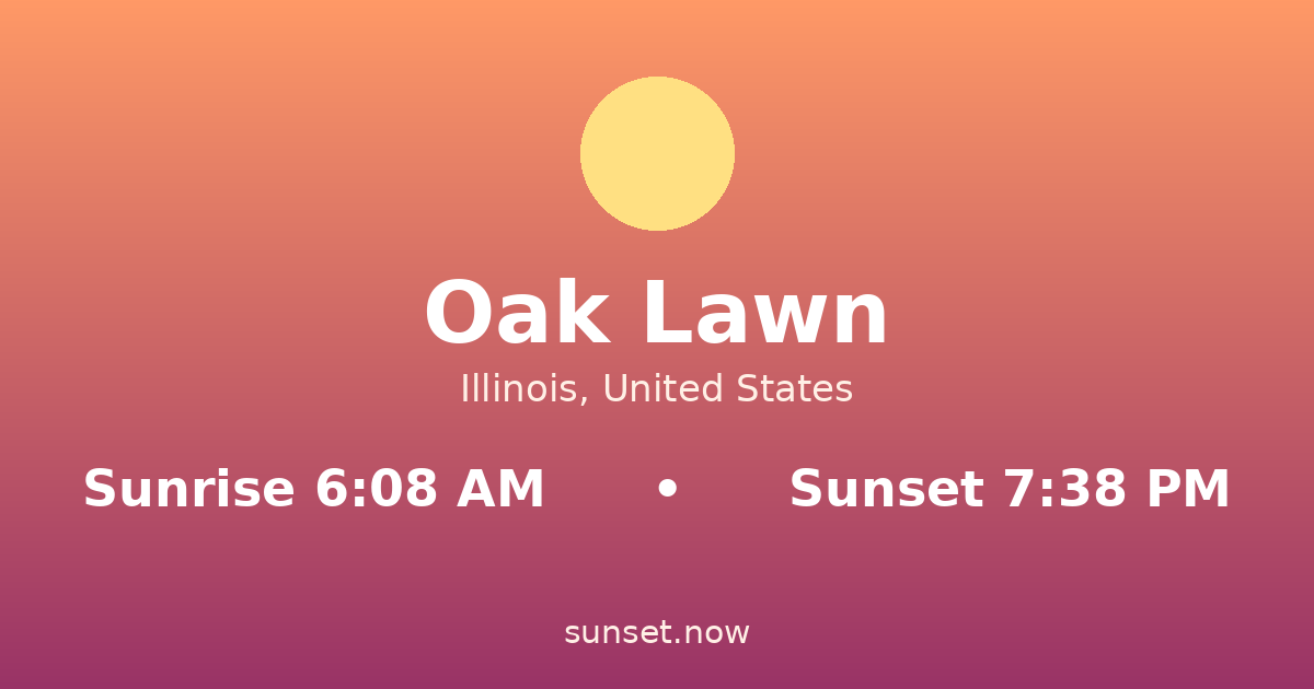 Sunrise & sunset times in Oak Lawn, Illinois — sunrise 6:08 AM, sunset 7:38 PM