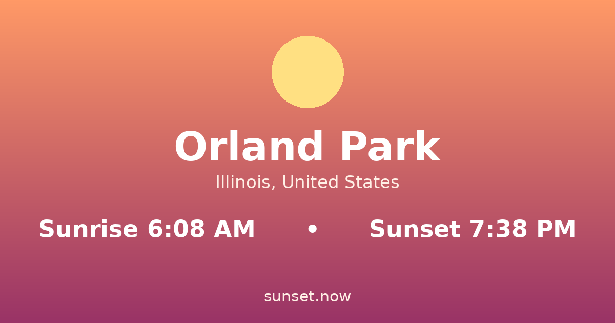 Sunrise & sunset times in Orland Park, Illinois — sunrise 6:08 AM, sunset 7:38 PM