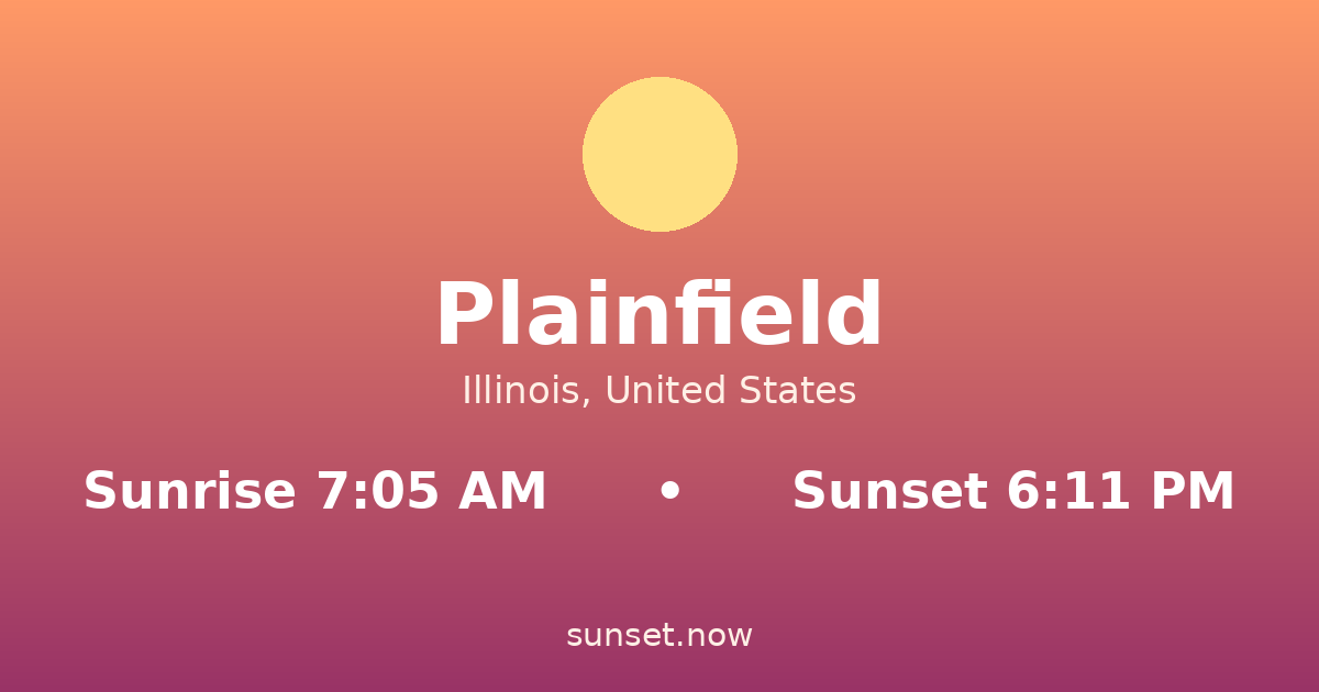 Sunrise & sunset times in Plainfield, Illinois — sunrise 7:05 AM, sunset 6:11 PM