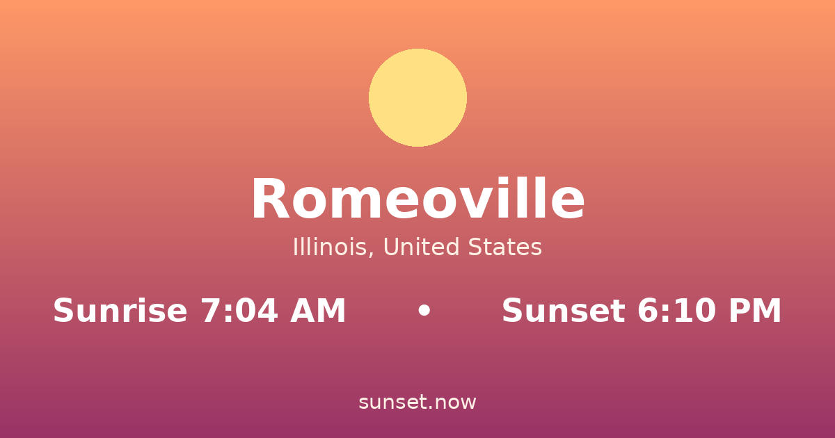 Sunrise & sunset times in Romeoville, Illinois — sunrise 7:04 AM, sunset 6:10 PM