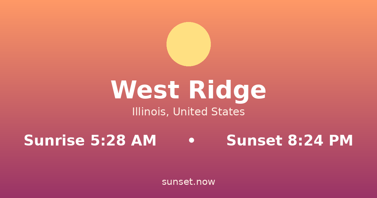 Sunrise & sunset times in West Ridge, Illinois — sunrise 5:28 AM, sunset 8:24 PM