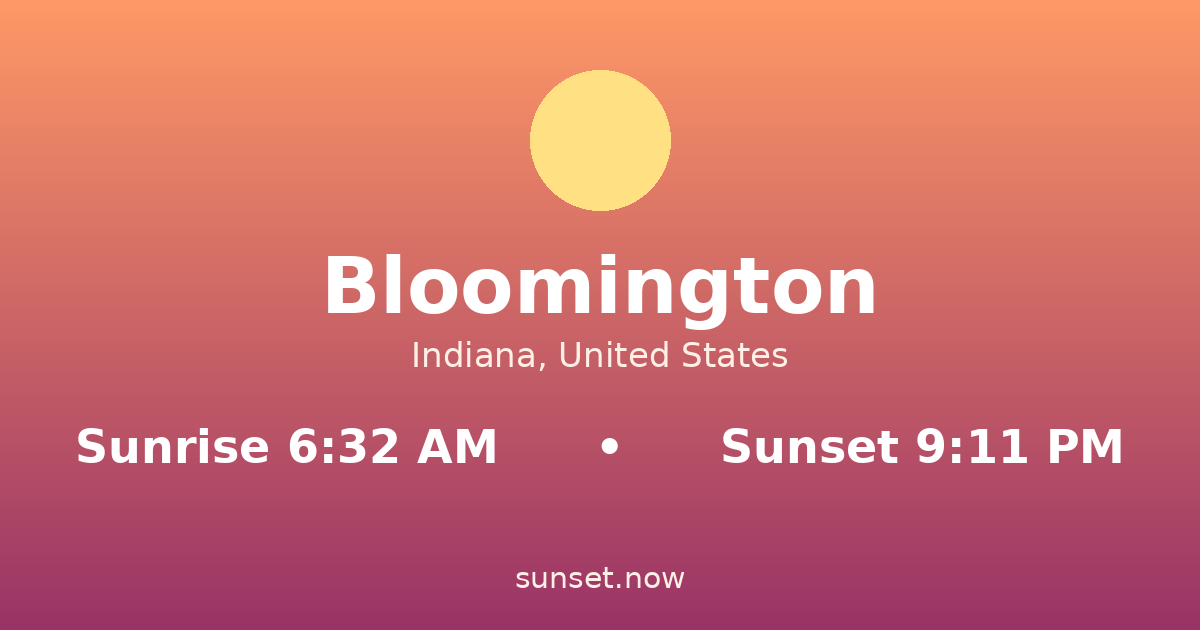 Sunrise & sunset times in Bloomington, Indiana — sunrise 6:32 AM, sunset 9:11 PM