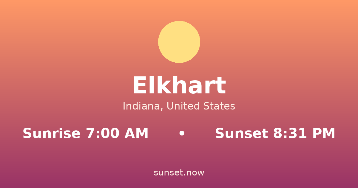 Sunrise & sunset times in Elkhart, Indiana — sunrise 7:00 AM, sunset 8:31 PM