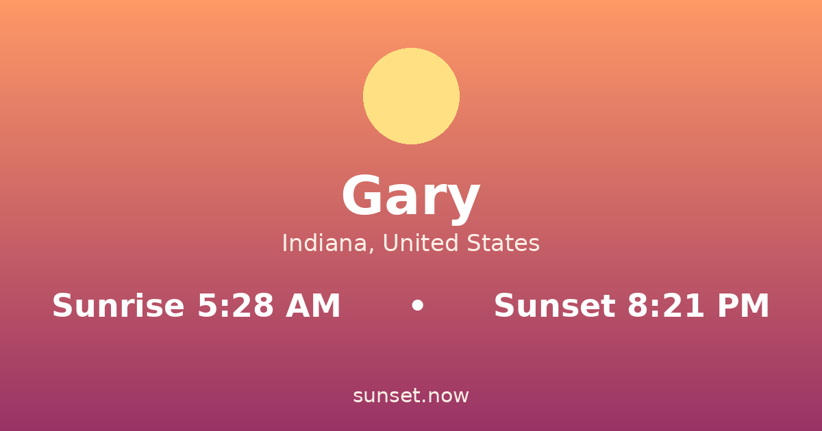 Sunrise & sunset times in Gary, Indiana — sunrise 5:28 AM, sunset 8:21 PM