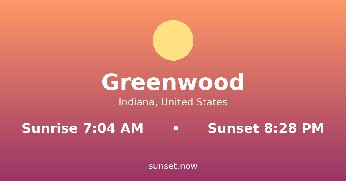 Sunrise & sunset times in Greenwood, Indiana — sunrise 7:04 AM, sunset 8:28 PM