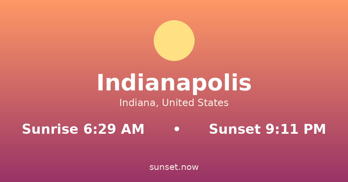 Sunrise & sunset times in Indianapolis, Indiana — sunrise 6:29 AM, sunset 9:11 PM