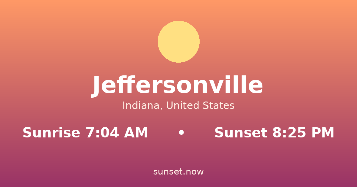 Sunrise & sunset times in Jeffersonville, Indiana — sunrise 7:04 AM, sunset 8:25 PM