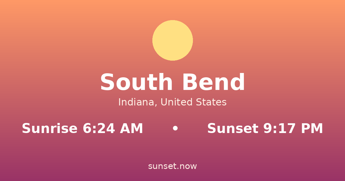 Sunrise & sunset times in South Bend, Indiana — sunrise 6:24 AM, sunset 9:17 PM