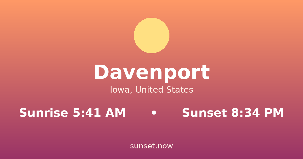 Sunrise & sunset times in Davenport, Iowa — sunrise 5:41 AM, sunset 8:34 PM