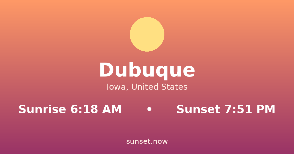 Sunrise & sunset times in Dubuque, Iowa — sunrise 6:18 AM, sunset 7:51 PM