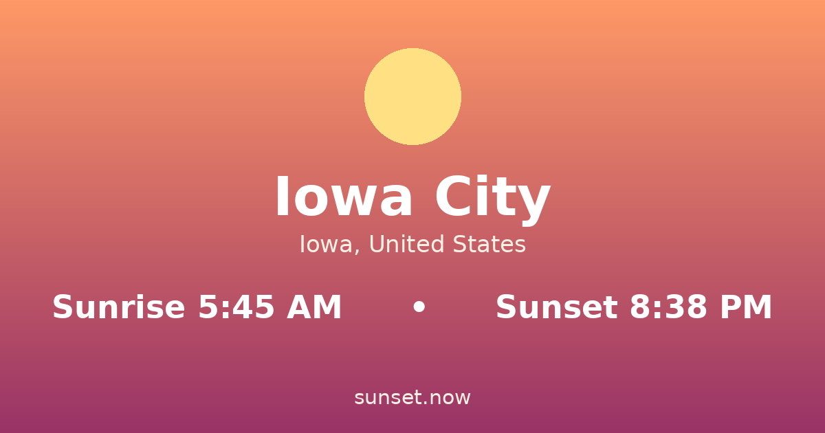 Sunrise & sunset times in Iowa City, Iowa — sunrise 5:45 AM, sunset 8:38 PM