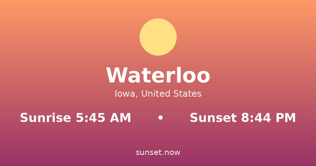 Sunrise & sunset times in Waterloo, Iowa — sunrise 5:45 AM, sunset 8:44 PM