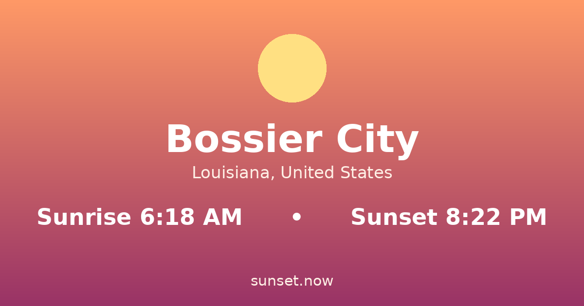 Sunrise & sunset times in Bossier City, Louisiana — sunrise 6:18 AM, sunset 8:22 PM