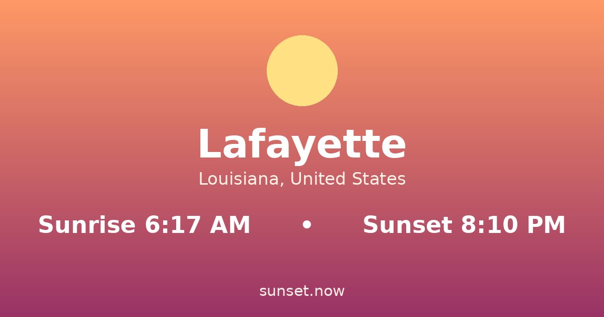 Sunrise & sunset times in Lafayette, Louisiana — sunrise 6:17 AM, sunset 8:10 PM