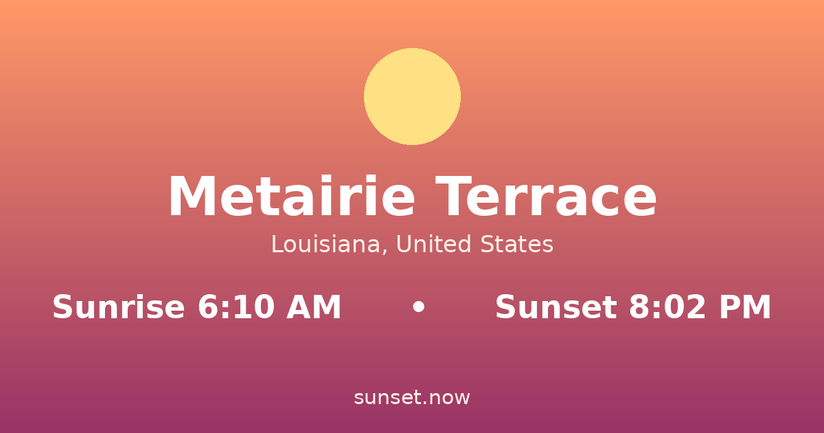 Sunrise & sunset times in Metairie Terrace, Louisiana — sunrise 6:10 AM, sunset 8:02 PM