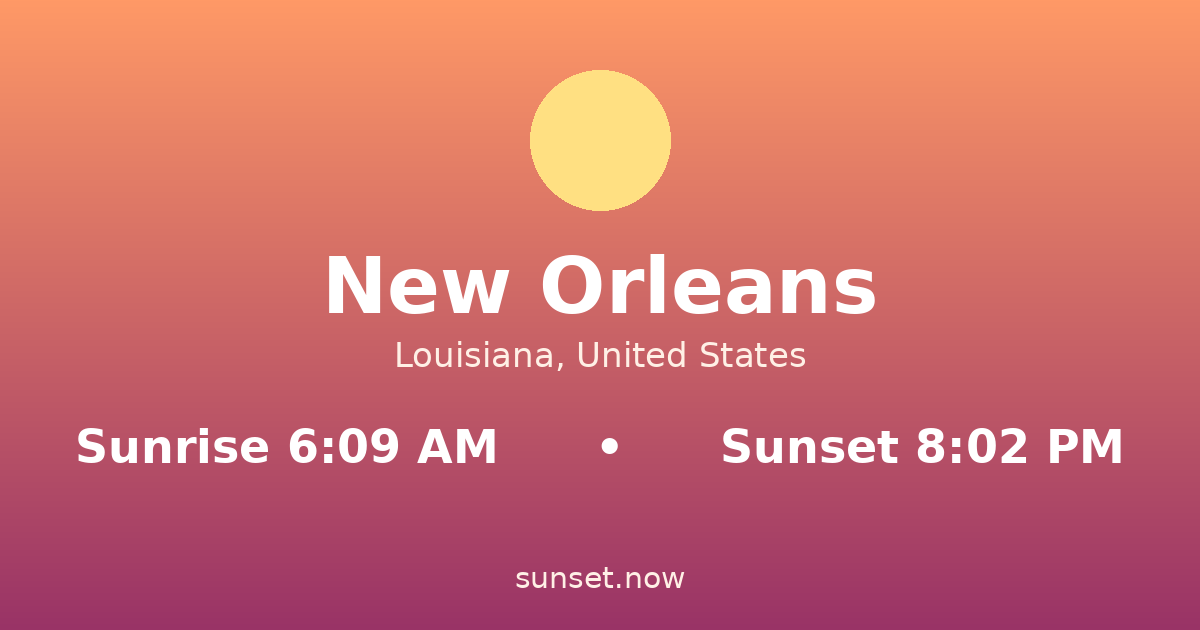 Sunrise & sunset times in New Orleans, Louisiana — sunrise 6:09 AM, sunset 8:02 PM