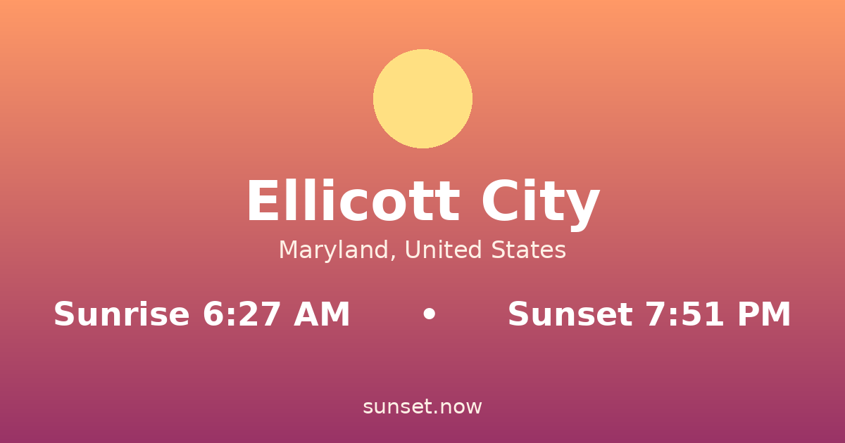 Sunrise & sunset times in Ellicott City, Maryland — sunrise 6:27 AM, sunset 7:51 PM