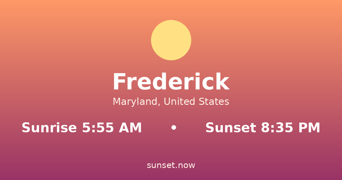 Sunrise & sunset times in Frederick, Maryland — sunrise 5:55 AM, sunset 8:35 PM
