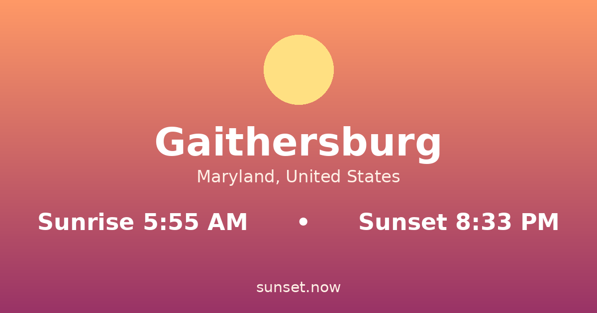 Sunrise & sunset times in Gaithersburg, Maryland — sunrise 5:55 AM, sunset 8:33 PM