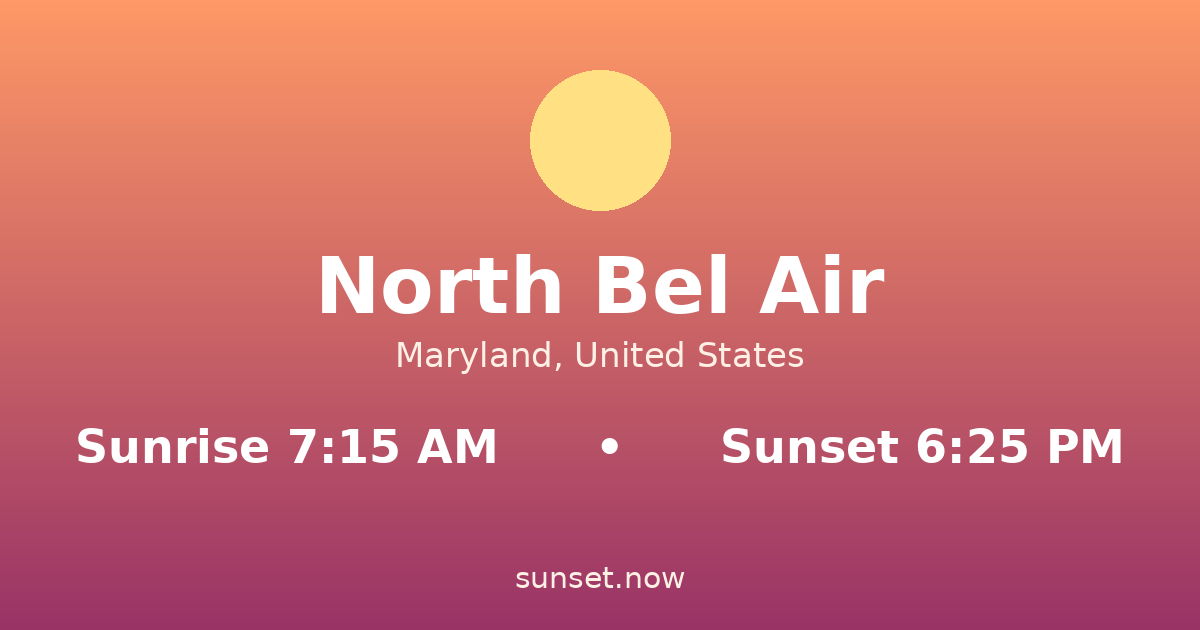 Sunrise & sunset times in North Bel Air, Maryland — sunrise 7:15 AM, sunset 6:25 PM