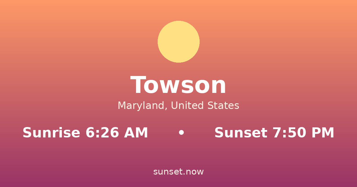 Sunrise & sunset times in Towson, Maryland — sunrise 6:26 AM, sunset 7:50 PM