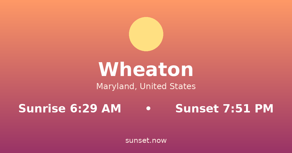 Sunrise & sunset times in Wheaton, Maryland — sunrise 6:29 AM, sunset 7:51 PM